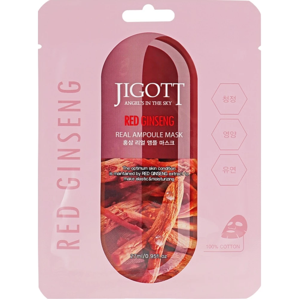 Тканевая маска для лица с женьшенем Jigott Red Ginseng Real Ampoule Mask, 27 мл (8809541280276)